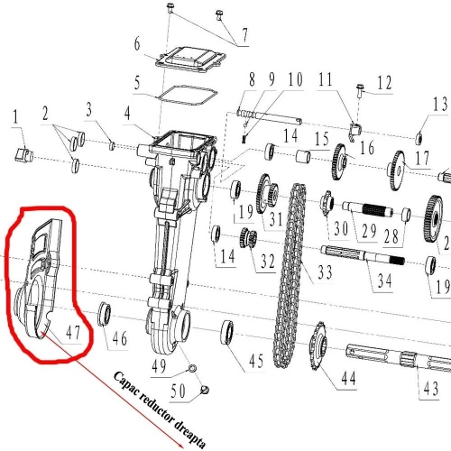 Capac reductor dreapta RURIS PS6500k-1-47, pentru motosapa Dac, Ruris, Zimbru, Gigant Capac reductor dreapta RURIS PS6500k-1-47, pentru motosapa Dac, Ruris, Zimbru, Gigant