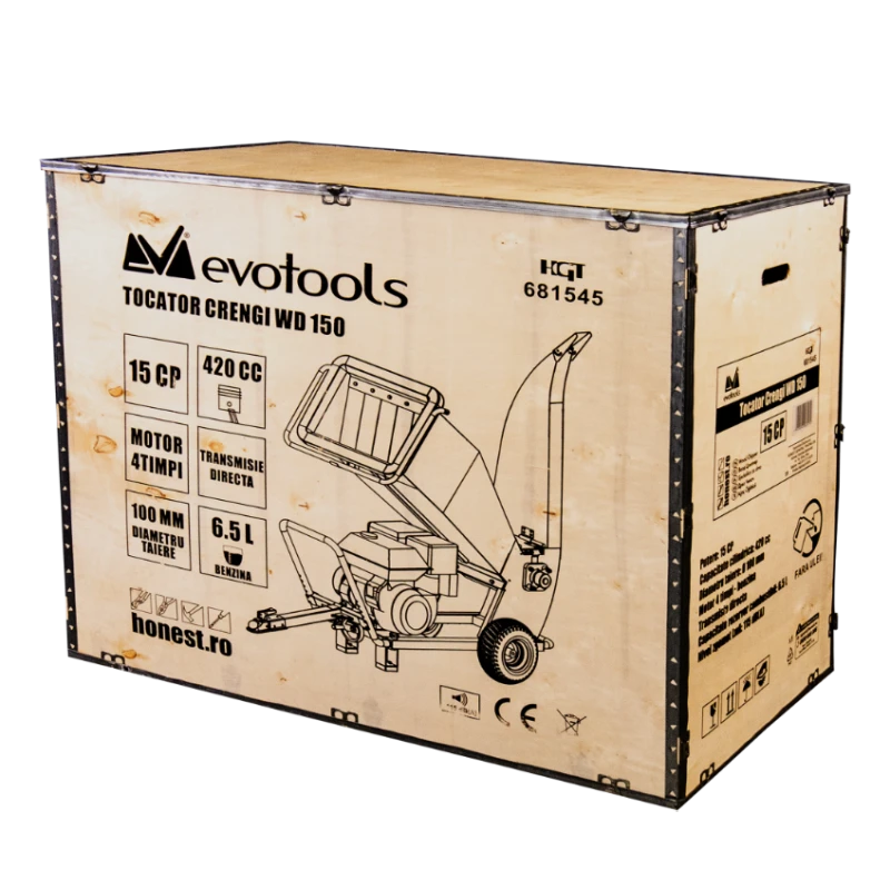 Tocator pentru crengi, model WD150 Epto, putere 15 CP, transmisie pe curea, Evotools