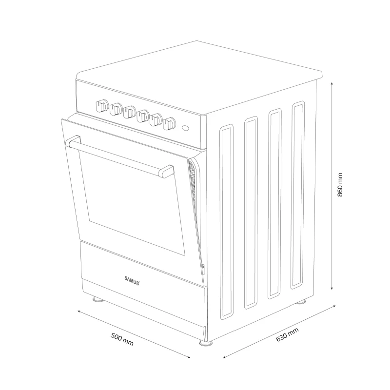 Aragaz Samus SM561XPBS, 4 Arzatoare gaz, Cuptor gaz, Aprindere electrica plita, Timer, Sigurante plita si cuptor, Inox/ Argintiu