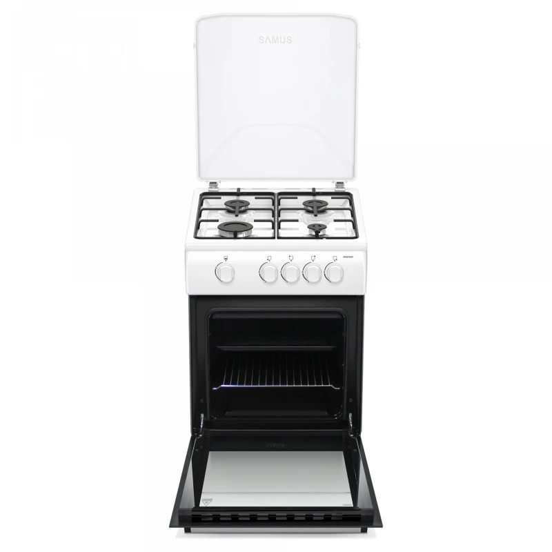 Aragaz Samus SM561ANS, 4 Arzatoare gaz, Cuptor pe gaz, Siguranta plita si cuptor, Geam dublu la cuptor, Alb