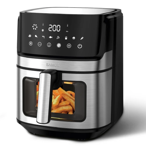 Friteuza cu aer cald Samus AF6.5B-S1700DW, 6.5 l, 1700 W, Timer 0-60 minute, Afisaj electronic, 8 programe, Temperatura ajustabila 80-200 C (Negru/Inox) Friteuza cu aer cald Samus AF6.5B-S1700DW, 6.5 l, 1700 W, Timer 0-60 minute, Afisaj electronic, 8 programe, Temperatura ajustabila 80-200 C (Negru/Inox)