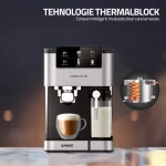 Espressor Samus Latteccino 20, 20 bari, rezervor lapte 500 ml, 6 tipuri bauturi, 1350 W, Rezervor apa 1.5 l, Sistem rapid de incalzire thermalblock, Inox/ Negru