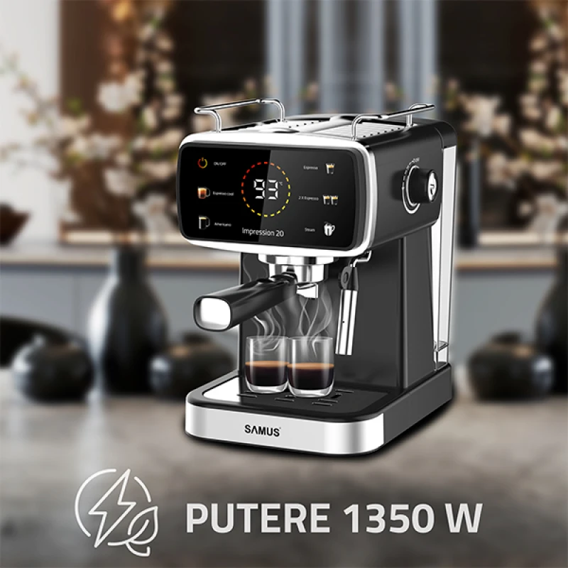 Espressor Samus Impression 20, 20 bari, 5 optiuni cafea, Touch Control, rezervor apa 1.5l, 1350W, Ecran afisare temperatura apa, Sistem electronic de incalzire, Negru