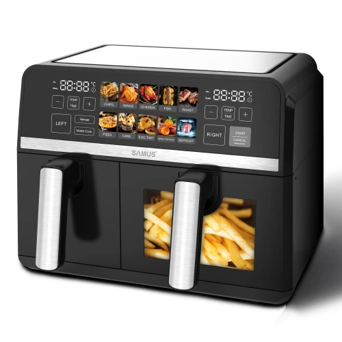 Friteuza dubla cu aer cald Samus AF9DUO-S2600DW, 9 l, 2600 W, Timer 0-60 minute, Fereastra, 10 programe, Temperatura ajutabila 50-200 C (Negru) Friteuza dubla cu aer cald Samus AF9DUO-S2600DW, 9 l, 2600 W, Timer 0-60 minute, Fereastra, 10 programe, Temperatura ajutabila 50-200 C (Negru)