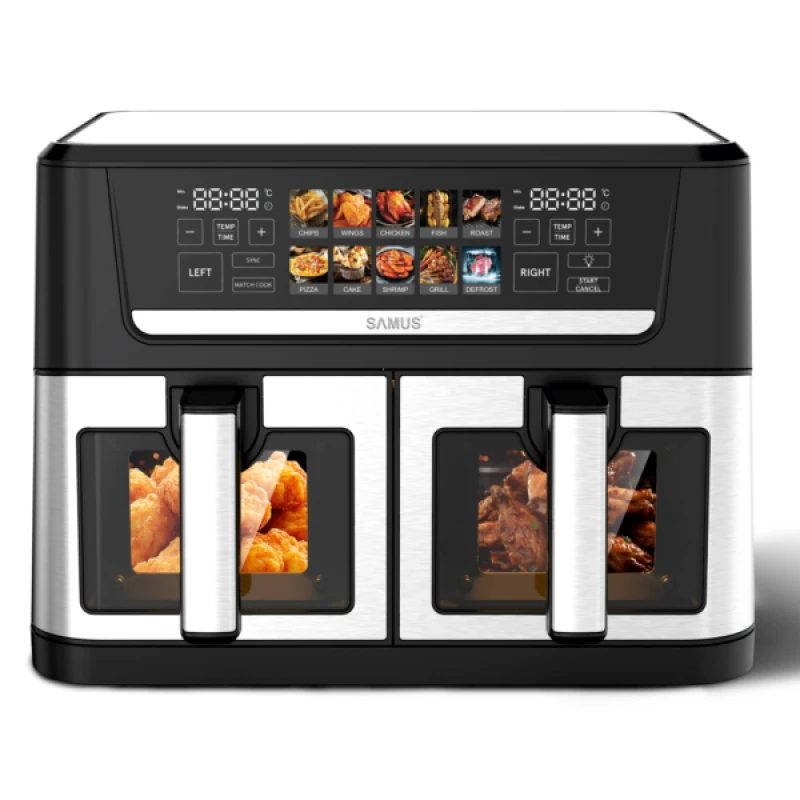 Friteuza dubla cu aer cald Samus AF12TWIN-S2800DW, 12 l, 2800 W, Afisaj electronic color, Timer 0-60 minute, 10 programe (Negru/Inox) Friteuza dubla cu aer cald Samus AF12TWIN-S2800DW, 12 l, 2800 W, Afisaj electronic color, Timer 0-60 minute, 10 programe (Negru/Inox)