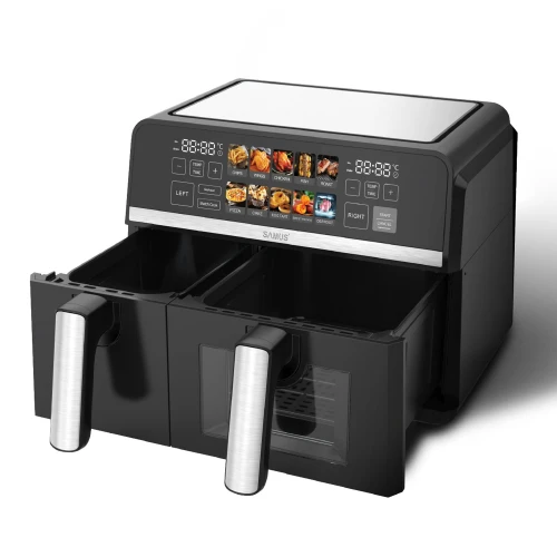 Friteuza dubla cu aer cald Samus AF9DUO-S2600DW, 9 l, 2600 W, Timer 0-60 minute, Fereastra, 10 programe, Temperatura ajutabila 50-200 C (Negru) Friteuza dubla cu aer cald Samus AF9DUO-S2600DW, 9 l, 2600 W, Timer 0-60 minute, Fereastra, 10 programe, Temperatura ajutabila 50-200 C (Negru)