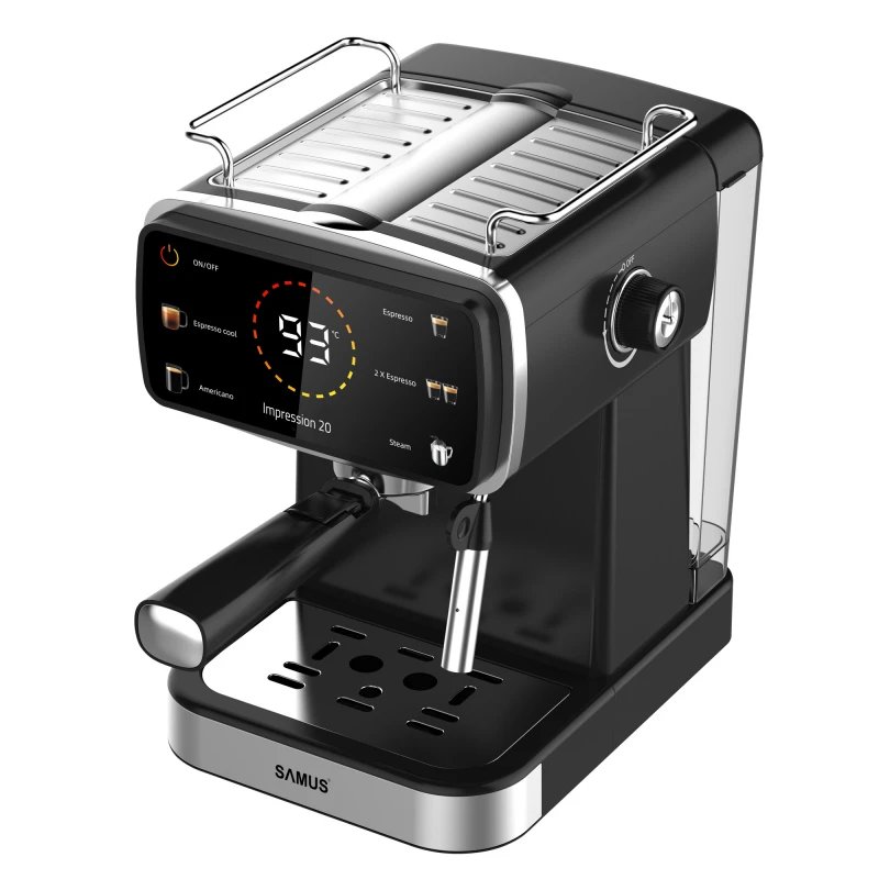 Espressor Samus Impression 20, 20 bari, 5 optiuni cafea, Touch Control, rezervor apa 1.5l, 1350W, Ecran afisare temperatura apa, Sistem electronic de incalzire, Negru