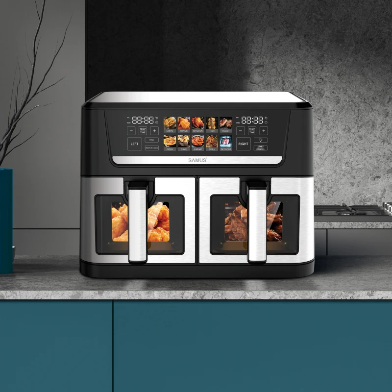Friteuza dubla cu aer cald Samus AF12TWIN-S2800DW, 12 l, 2800 W, Afisaj electronic color, Timer 0-60 minute, 10 programe (Negru/Inox) Friteuza dubla cu aer cald Samus AF12TWIN-S2800DW, 12 l, 2800 W, Afisaj electronic color, Timer 0-60 minute, 10 programe (Negru/Inox)