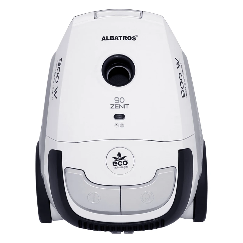 Aspirator cu sac Albatros Zenit 90 Eco, 900 W, Sac textil 2 L, 30.7kWh/an, Eco-type, Perie pentru covoare şi podele, Accesoriu locuri înguste (2 în 1), Alb/negru