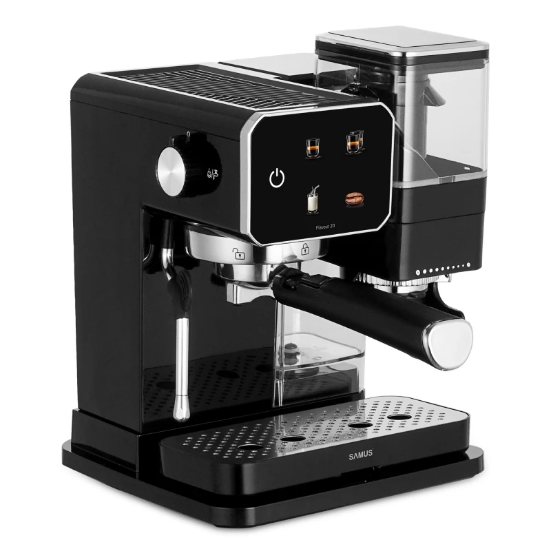 Espressor manual Samus Flavour 20, 1350 W, 20 bari, Rasnita integrata 115g, Rezervor 0.9 l, Spumare de inalta presiune (Negru/Inox)