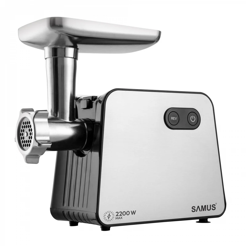 Masina de tocat carne Samus SMT2200X, 2200 W, Cutit din inox, 1 viteza + revers, 3 site din otel, Accesoriu rosii, Accesoriu pentru carnati, Negru/Inox