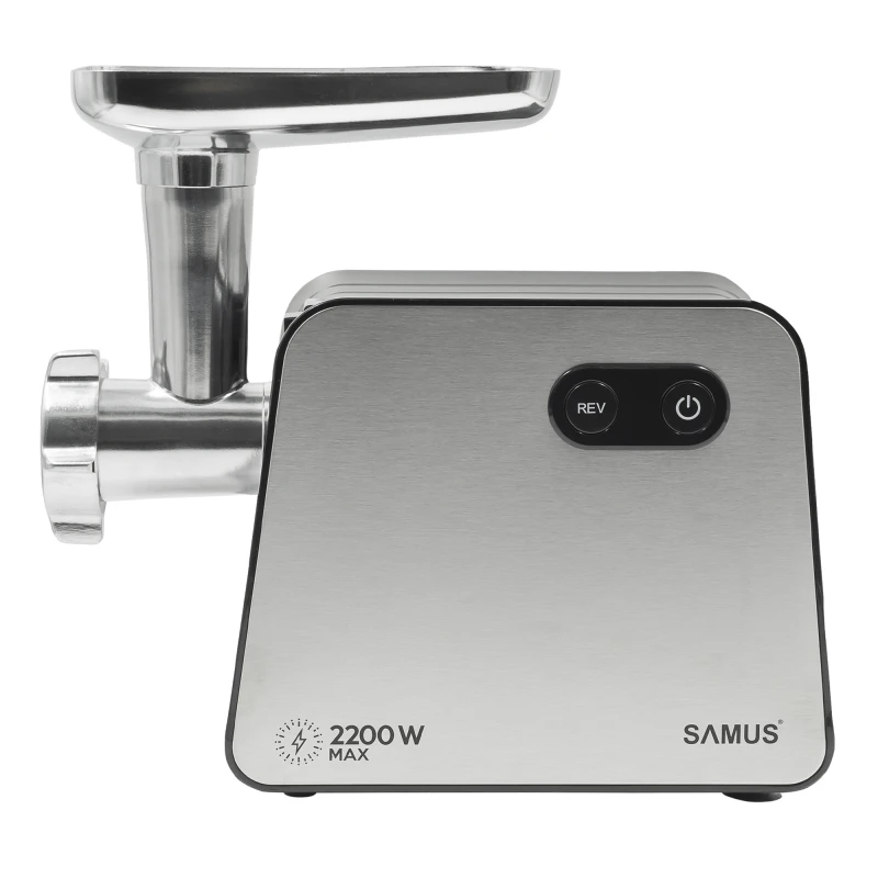 Masina de tocat carne Samus SMT2200X, 2200 W, Cutit din inox, 1 viteza + revers, 3 site din otel, Accesoriu rosii, Accesoriu pentru carnati, Negru/Inox