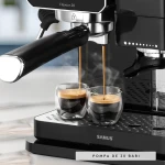 Espressor manual Samus Flavour 20, 1350 W, 20 bari, Rasnita integrata 115g, Rezervor 0.9 l, Spumare de inalta presiune (Negru/Inox)