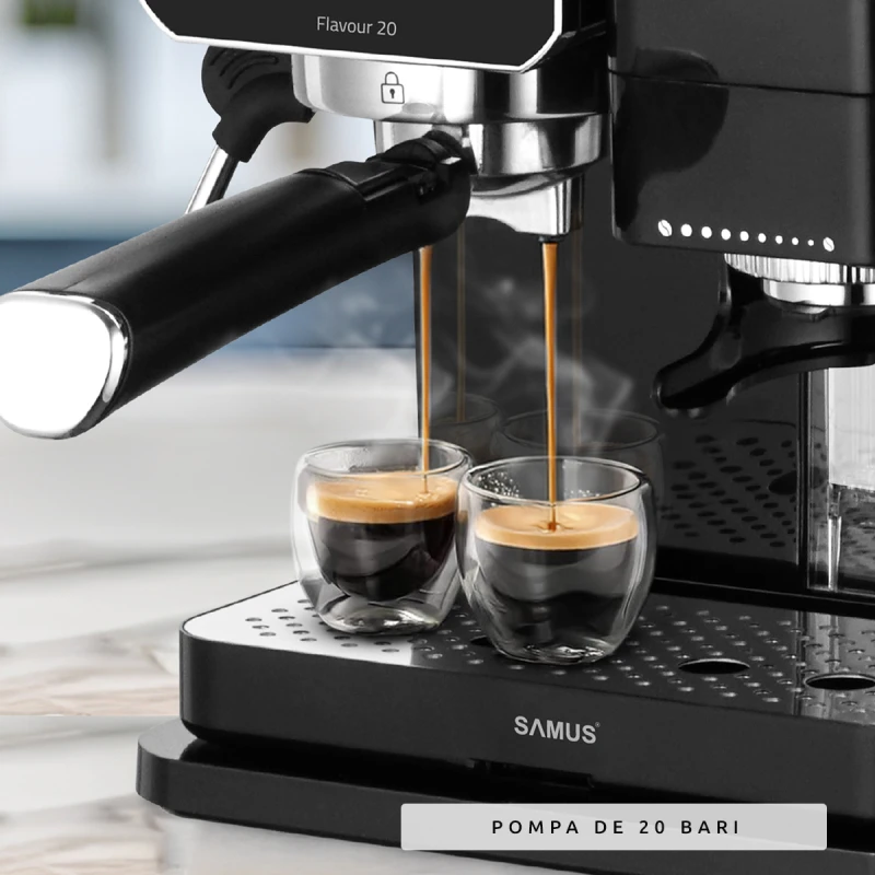 Espressor manual Samus Flavour 20, 1350 W, 20 bari, Rasnita integrata 115g, Rezervor 0.9 l, Spumare de inalta presiune (Negru/Inox)