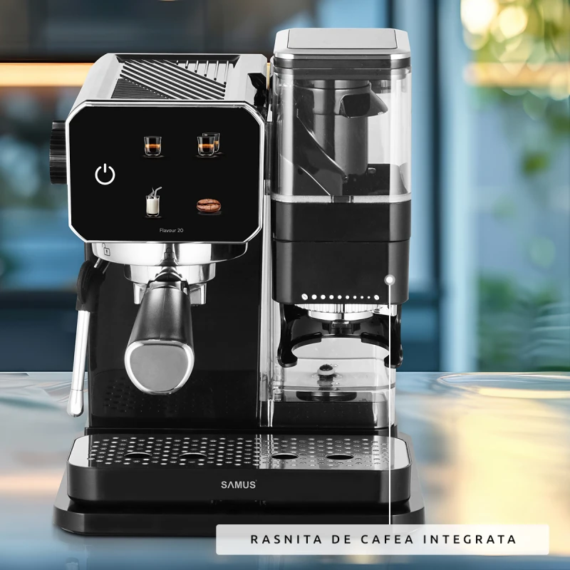 Espressor manual Samus Flavour 20, 1350 W, 20 bari, Rasnita integrata 115g, Rezervor 0.9 l, Spumare de inalta presiune (Negru/Inox)