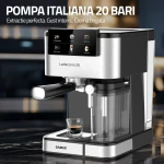 Espressor Samus Latteccino 20, 20 bari, rezervor lapte 500 ml, 6 tipuri bauturi, 1350 W, Rezervor apa 1.5 l, Sistem rapid de incalzire thermalblock, Inox/ Negru