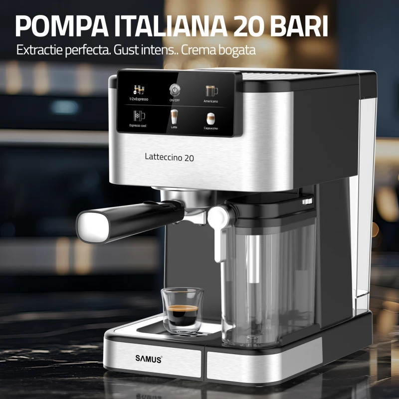 Espressor Samus Latteccino 20, 20 bari, rezervor lapte 500 ml, 6 tipuri bauturi, 1350 W, Rezervor apa 1.5 l, Sistem rapid de incalzire thermalblock, Inox/ Negru