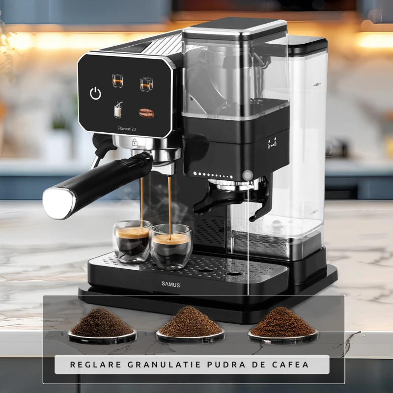 Espressor manual Samus Flavour 20, 1350 W, 20 bari, Rasnita integrata 115g, Rezervor 0.9 l, Spumare de inalta presiune (Negru/Inox)
