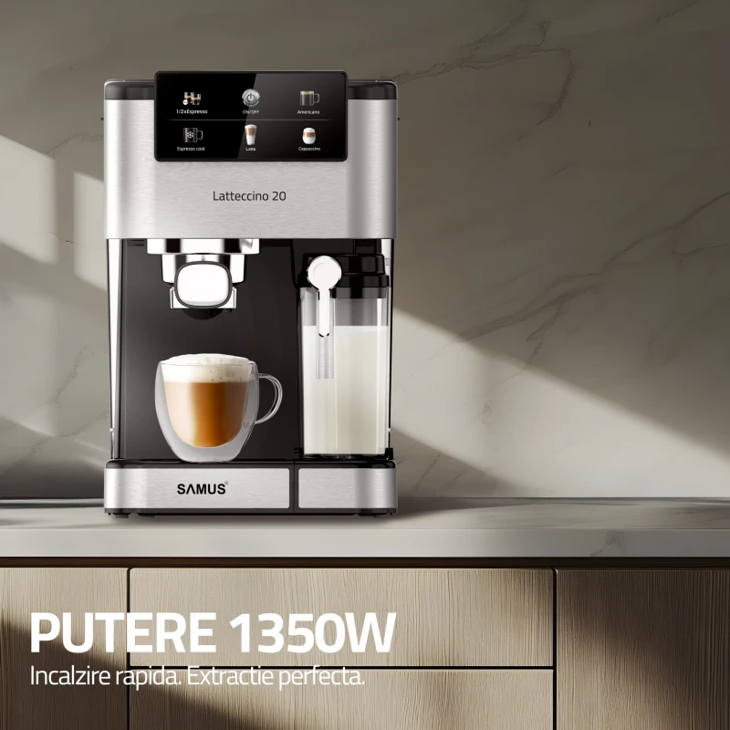 Espressor Samus Latteccino 20, 20 bari, rezervor lapte 500 ml, 6 tipuri bauturi, 1350 W, Rezervor apa 1.5 l, Sistem rapid de incalzire thermalblock, Inox/ Negru