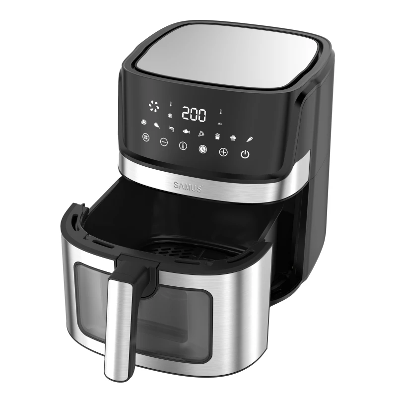 Friteuza cu aer cald Samus AF6.5B-S1700DW, 6.5 l, 1700 W, Timer 0-60 minute, Afisaj electronic, 8 programe, Temperatura ajustabila 80-200 C (Negru/Inox) Friteuza cu aer cald Samus AF6.5B-S1700DW, 6.5 l, 1700 W, Timer 0-60 minute, Afisaj electronic, 8 programe, Temperatura ajustabila 80-200 C (Negru/Inox)