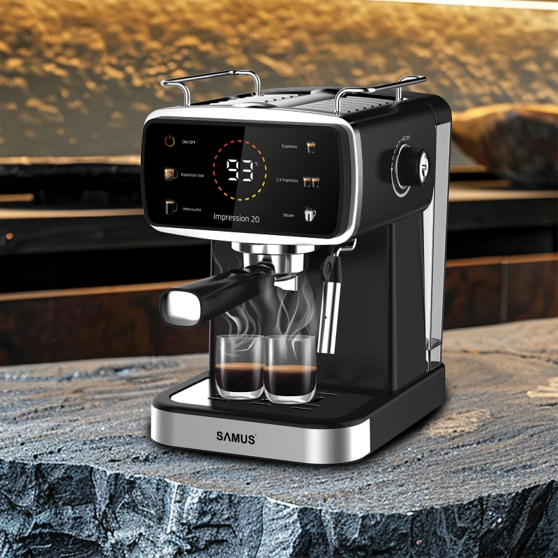 Espressor Samus Impression 20, 20 bari, 5 optiuni cafea, Touch Control, rezervor apa 1.5l, 1350W, Ecran afisare temperatura apa, Sistem electronic de incalzire, Negru