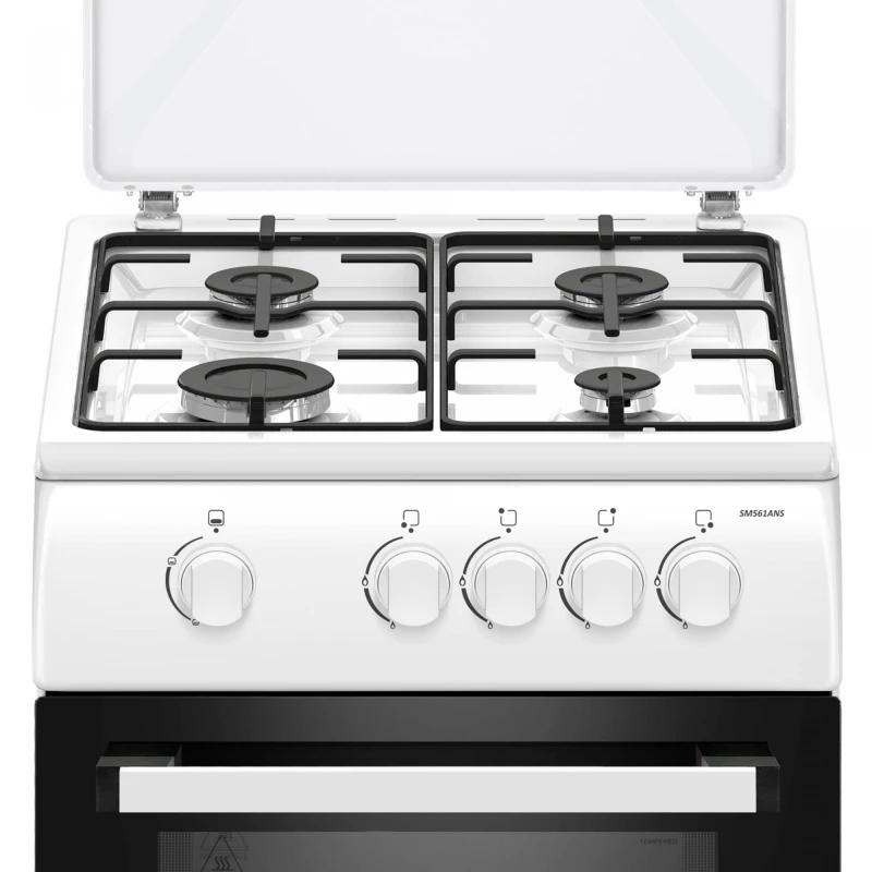 Aragaz Samus SM561ANS, 4 Arzatoare gaz, Cuptor pe gaz, Siguranta plita si cuptor, Geam dublu la cuptor, Alb