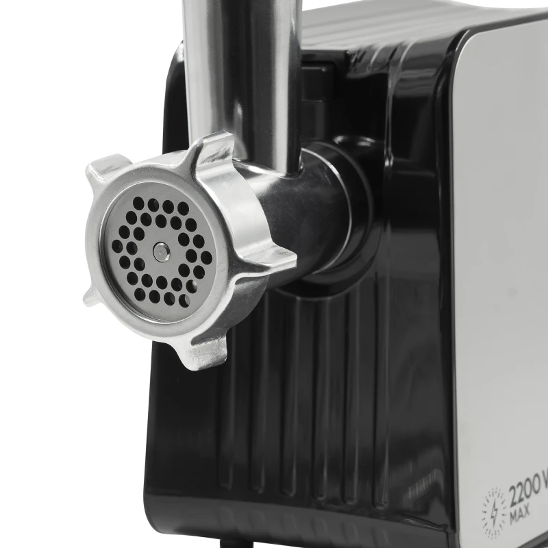 Masina de tocat carne Samus SMT2200X, 2200 W, Cutit din inox, 1 viteza + revers, 3 site din otel, Accesoriu rosii, Accesoriu pentru carnati, Negru/Inox