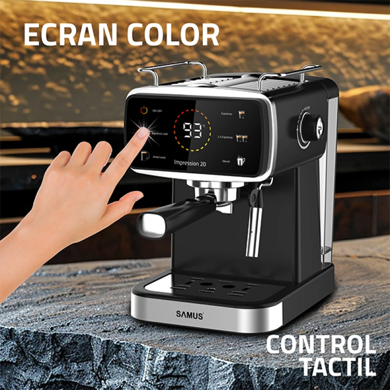 Espressor Samus Impression 20, 20 bari, 5 optiuni cafea, Touch Control, rezervor apa 1.5l, 1350W, Ecran afisare temperatura apa, Sistem electronic de incalzire, Negru