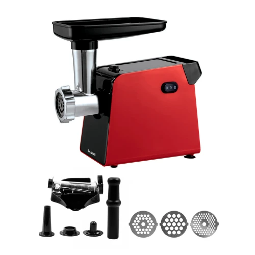 Masina de tocat carne Samus SMT1210RED, 1200 W, cutit din inox, 3 site metalice, accesoriu pentru rosii, accesoriu pentru carnati, culoare rosie Masina de tocat carne Samus SMT1210RED, 1200 W, cutit din inox, 3 site metalice, accesoriu pentru rosii, accesoriu pentru carnati, culoare rosie