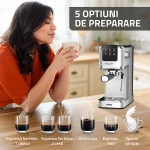 Espressor manual Samus PICCOLO 20 K, 1350 W, 20 bari, Rezervor 1.2 l, 5 bauturi, Utilizare cafea macinata sau capsule (Inox)