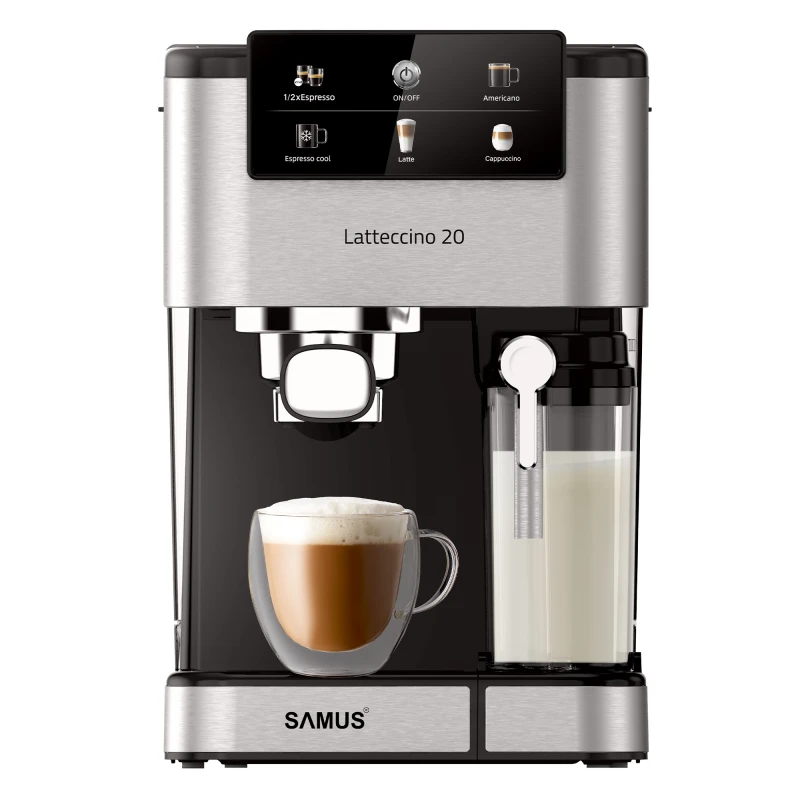 Espressor Samus Latteccino 20, 20 bari, rezervor lapte 500 ml, 6 tipuri bauturi, 1350 W, Rezervor apa 1.5 l, Sistem rapid de incalzire thermalblock, Inox/ Negru