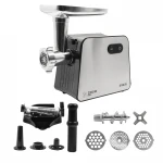 Masina de tocat carne Samus SMT2200X, 2200 W, Cutit din inox, 1 viteza + revers, 3 site din otel, Accesoriu rosii, Accesoriu pentru carnati, Negru/Inox