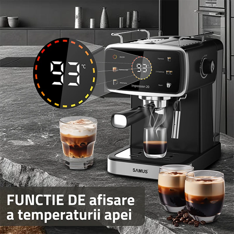 Espressor Samus Impression 20, 20 bari, 5 optiuni cafea, Touch Control, rezervor apa 1.5l, 1350W, Ecran afisare temperatura apa, Sistem electronic de incalzire, Negru