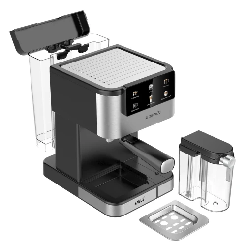 Espressor Samus Latteccino 20, 20 bari, rezervor lapte 500 ml, 6 tipuri bauturi, 1350 W, Rezervor apa 1.5 l, Sistem rapid de incalzire thermalblock, Inox/ Negru Espressor Samus Latteccino 20, 20 bari, rezervor lapte 500 ml, 6 tipuri bauturi, 1350 W, Rezervor apa 1.5 l, Sistem rapid de incalzire thermalblock, Inox/ Negru