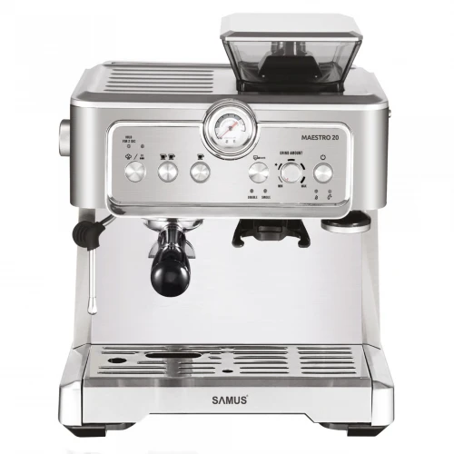 Espressor Samus MAESTRO 20, 1350 W, 20 Bari, Rezervor de apa detasabil 2.3 L, Capacitate rasnita 200 g, Optiune 1 sau 2 cesti de cafea, Diuza spumare lapte, Filtru dublu inoxidabil, Argintiu Espressor Samus MAESTRO 20, 1350 W, 20 Bari, Rezervor de apa detasabil 2.3 L, Capacitate rasnita 200 g, Optiune 1 sau 2 cesti de cafea, Diuza spumare lapte, Filtru dublu inoxidabil, Argintiu