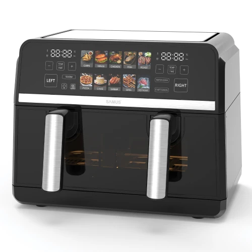 Friteuza cu aer cald Samus AF9BIG-S2500DW, 2500 W, 9 L, Separator compartiment detasabil, 10 programe presetate, Negru Friteuza cu aer cald Samus AF9BIG-S2500DW, 2500 W, 9 L, Separator compartiment detasabil, 10 programe presetate, Negru