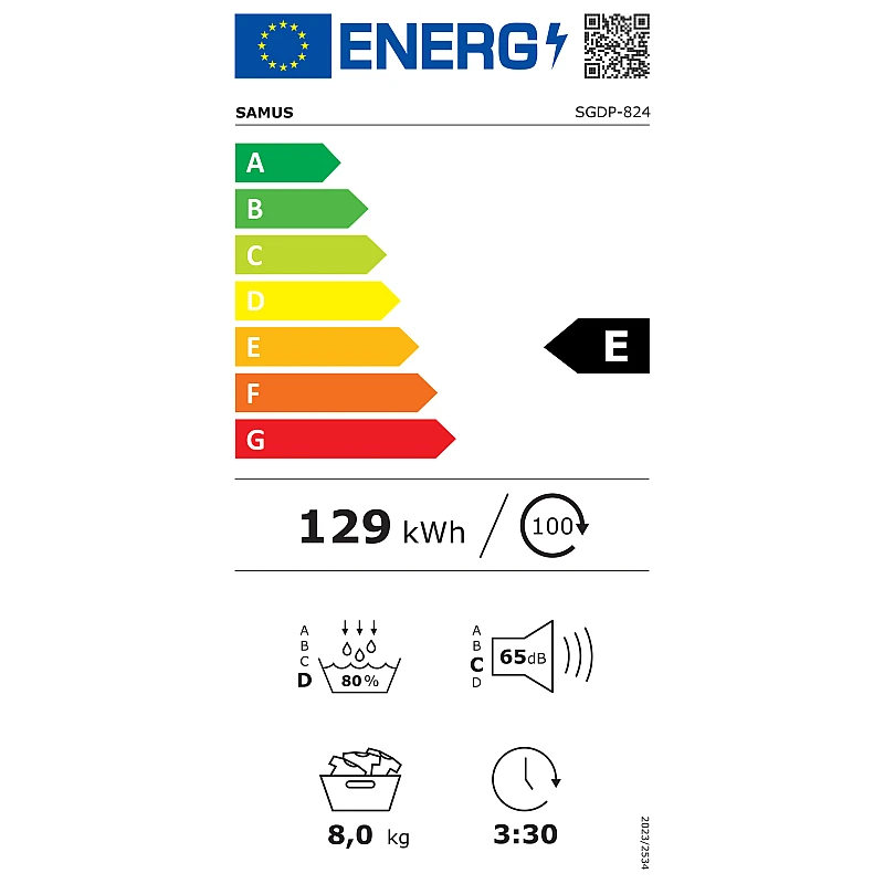 Uscator de rufe Samus SGDP-824, Pompa de caldura, 8 kg, 16 programe, Clasa E, Afisaj Electronic