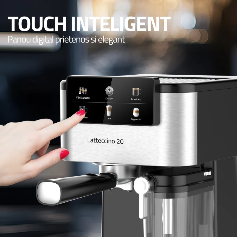 Espressor Samus Latteccino 20, 20 bari, rezervor lapte 500 ml, 6 tipuri bauturi, 1350 W, Rezervor apa 1.5 l, Sistem rapid de incalzire thermalblock, Inox/ Negru