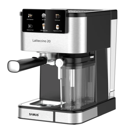 Espressor Samus Latteccino 20, 20 bari, rezervor lapte 500 ml, 6 tipuri bauturi, 1350 W, Rezervor apa 1.5 l, Sistem rapid de incalzire thermalblock, Inox/ Negru Espressor Samus Latteccino 20, 20 bari, rezervor lapte 500 ml, 6 tipuri bauturi, 1350 W, Rezervor apa 1.5 l, Sistem rapid de incalzire thermalblock, Inox/ Negru