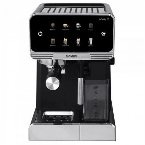 Espressor Automat Samus INFINITY 20, 1350 W, 20 Bari, Rezervor apa 1800 ml, Rezervor lapte 500 ml, 7 Optiuni de cafea, Duza spumare lapte si tavita de colectare detasabile, Negru/Inox Espressor Automat Samus INFINITY 20, 1350 W, 20 Bari, Rezervor apa 1800 ml, Rezervor lapte 500 ml, 7 Optiuni de cafea, Duza spumare lapte si tavita de colectare detasabile, Negru/Inox