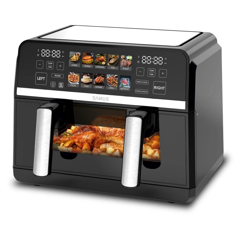 Friteuza cu aer cald Samus AF9BIG-S2500DW, 2500 W, 9 L, Separator compartiment detasabil, 10 programe presetate, Negru Friteuza cu aer cald Samus AF9BIG-S2500DW, 2500 W, 9 L, Separator compartiment detasabil, 10 programe presetate, Negru