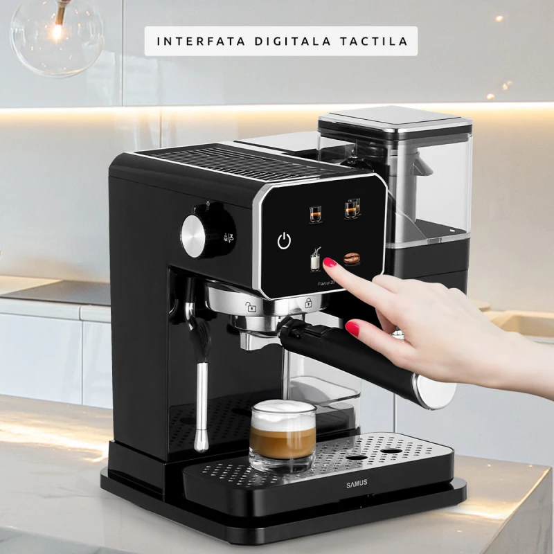 Espressor manual Samus Flavour 20, 1350 W, 20 bari, Rasnita integrata 115g, Rezervor 0.9 l, Spumare de inalta presiune (Negru/Inox)