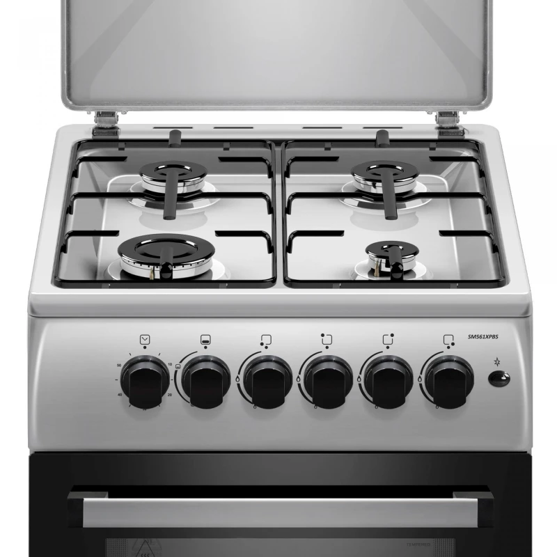 Aragaz Samus SM561XPBS, 4 Arzatoare gaz, Cuptor gaz, Aprindere electrica plita, Timer, Sigurante plita si cuptor, Inox/ Argintiu