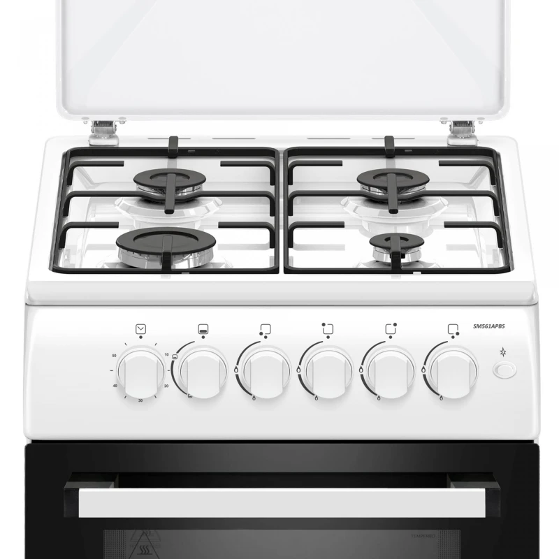 Aragaz Samus SM561APBS, Montat pentru utilizare cu GPL, Culoare alba 50 x 60 cm,4 arzatoare pe gaz, Cuptor pe gaz, Siguranta plita + cuptor, Aprindere electrica plita
