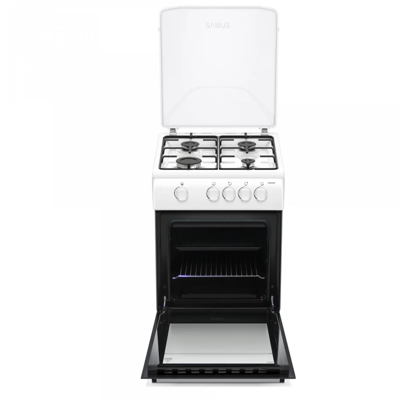Aragaz Samus SM561ABS, 4 Arzatoare gaz, Cuptor gaz, Siguranta plita si cuptor, Geam dublu la cuptor, Alb