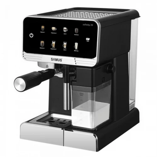 Espressor Automat Samus INFINITY 20, 1350 W, 20 Bari, Rezervor apa 1800 ml, Rezervor lapte 500 ml, 7 Optiuni de cafea, Duza spumare lapte si tavita de colectare detasabile, Negru/Inox Espressor Automat Samus INFINITY 20, 1350 W, 20 Bari, Rezervor apa 1800 ml, Rezervor lapte 500 ml, 7 Optiuni de cafea, Duza spumare lapte si tavita de colectare detasabile, Negru/Inox