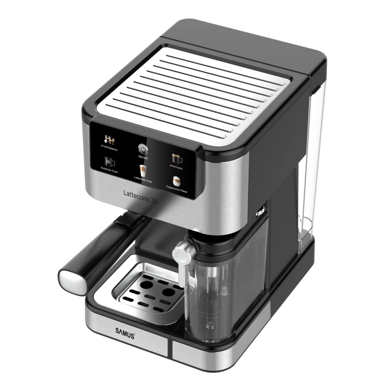 Espressor Samus Latteccino 20, 20 bari, rezervor lapte 500 ml, 6 tipuri bauturi, 1350 W, Rezervor apa 1.5 l, Sistem rapid de incalzire thermalblock, Inox/ Negru