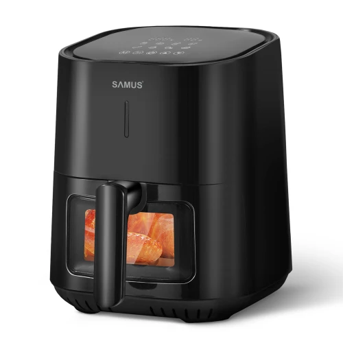 Friteuza cu aer cald Samus AF4-S1200DW, 1200 W, capacitate 4 L, tehnologia Fry-Force 360 gateste preparatele uniform cu putin sau fara ulei, Negru Friteuza cu aer cald Samus AF4-S1200DW, 1200 W, capacitate 4 L, tehnologia Fry-Force 360 gateste preparatele uniform cu putin sau fara ulei, Negru