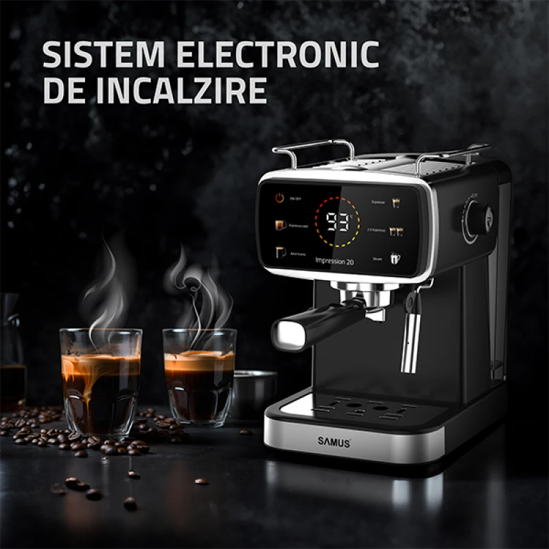 Espressor Samus Impression 20, 20 bari, 5 optiuni cafea, Touch Control, rezervor apa 1.5l, 1350W, Ecran afisare temperatura apa, Sistem electronic de incalzire, Negru