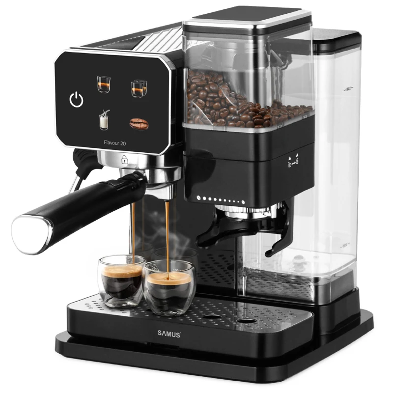 Espressor manual Samus Flavour 20, 1350 W, 20 bari, Rasnita integrata 115g, Rezervor 0.9 l, Spumare de inalta presiune (Negru/Inox)